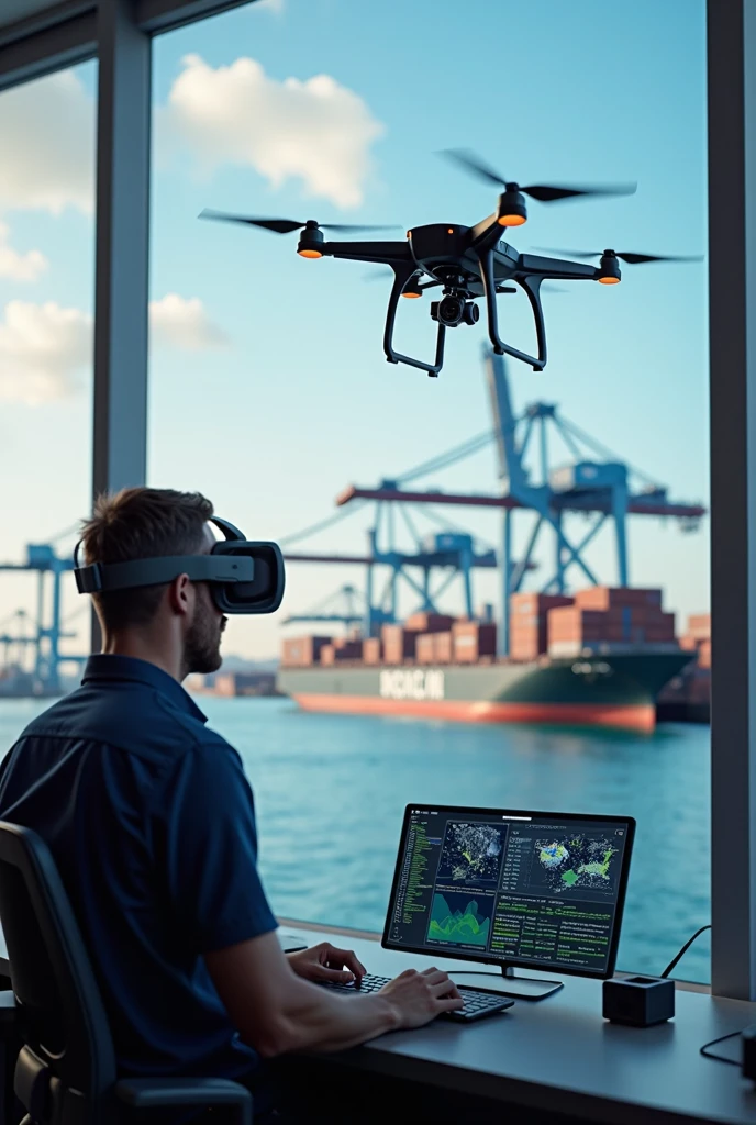 A photo of a drone with a camera flying up a vessel. Beside the drone, the vessel is transferring data from a sensor to a command center at a seaport. In the bottom of the picture, the command center has a large monitor and a supervisor is using VR technology to control the drone, a container crane, and a truck container. realistic. smart technology seaport