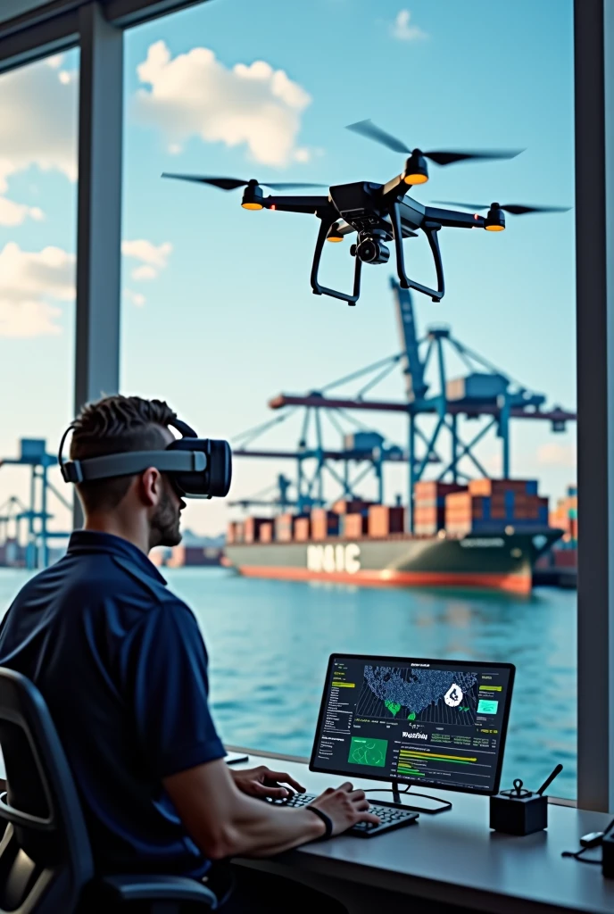 A photo of a drone with a camera flying up a vessel. Beside the drone, the vessel is transferring data from a sensor to a command center at a seaport. In the bottom of the picture, the command center has a large monitor and a supervisor is using VR technology to control the drone, a container crane, and a truck container. realistic. smart technology seaport