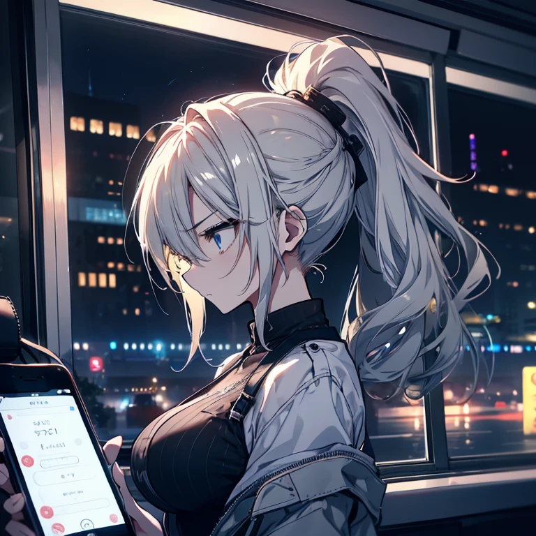 1 person、Mature、Ample breasts、Long Hair、ponytail、Silver blonde hair、suit、Receptionist、Inside the car、profile、Have a smartphone、call、Serious face、Angry、Sharp Eyes、Through the window、Downtown、Night view、effect、Highest quality