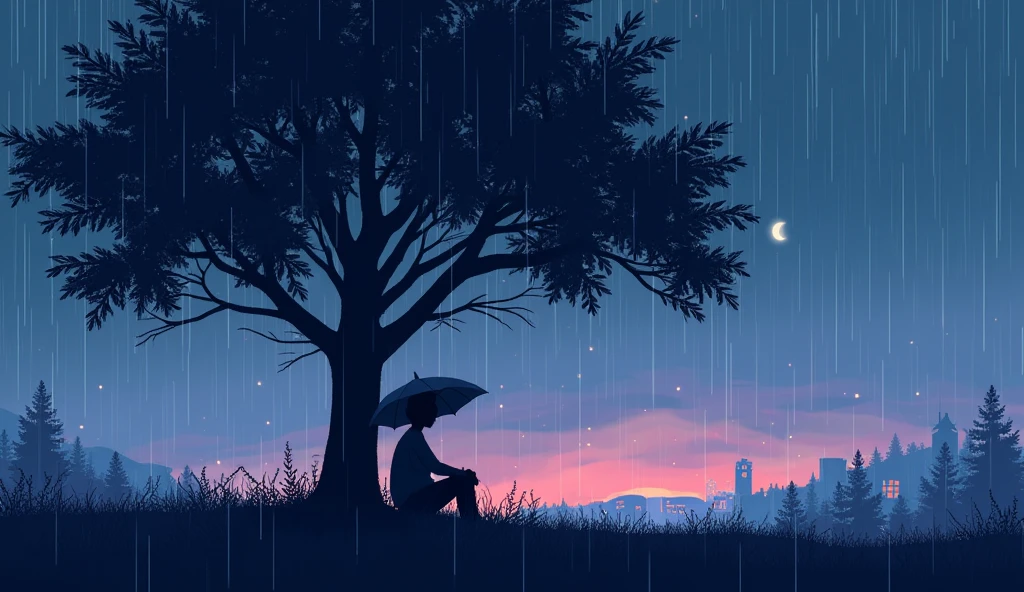 High resolution, pixel art dot painting scenery chill lofi 90s person sheltering from the rain under a tree rain