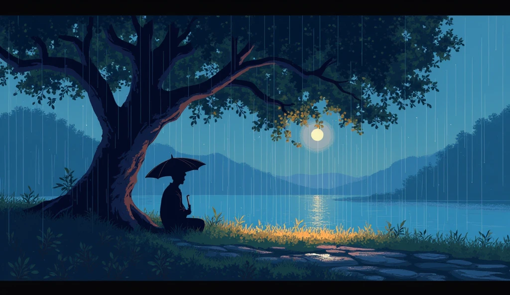 High resolution, pixel art dot painting scenery chill lofi 90s person sheltering from the rain under a tree rain