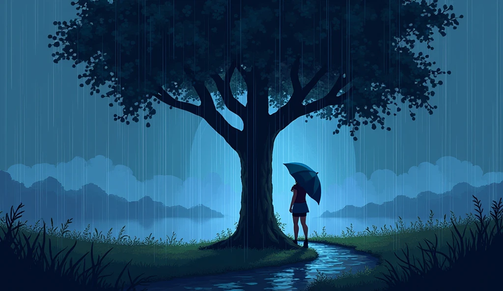 High resolution, pixel art dot painting scenery chill lofi 90s person sheltering from the rain under a tree rain