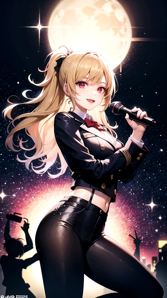 Create an album cover illustration for a pop idol group. The idol has Blonde long hair high school girl, uniform, Red eyes,smile and wears trendy outfits. He is holding a microphone and striking a dynamic pose while surrounded by colorful musical notes and stars. The background features a vibrant cityscape with skyscrapers, neon lights, and a starry sky, creating a vibrant and energetic atmosphere.