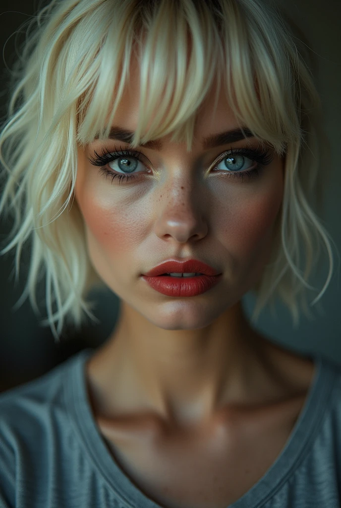Close-up of a woman with red lipstick and a grey shirt, Sexy look, Sexy face with full makeup, Faintly red lips, Blonde hair and big eyes, Bleached blonde short hair, Short blonde hair with bangs, Dark lipstick, reminiscent of blade runner, Professional Makeup, Short hair with bangs, Aurora Acnes