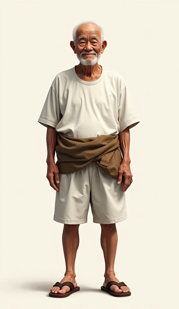High resolution, masterpiece,Standing in front、In the whole body frame、Japanese、old man、Very short stature、Wrinkle、bald、Blushing, A charming face、Plain white T-shirt、Brown belly band、Wearing white shorts、Shoes Sandals
