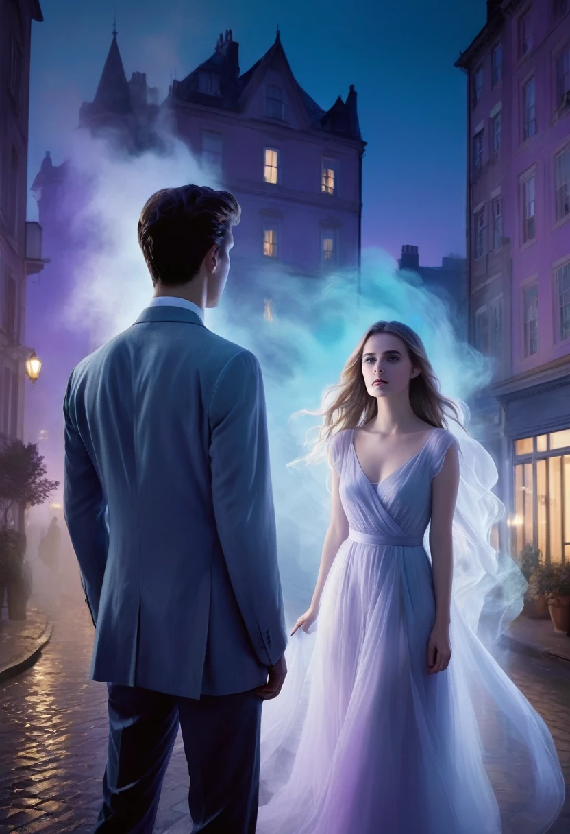 Create a softly blurred cityscape or an atmospheric apartment setting at twilight. Add subtle hints of ethereal light or mist to evoke a sense of mystery and romance. Feature a young woman and a young man prominently. the Young woman should be depicted in a contemporary outfit, looking both intrigued and exasperated. The Young man should appear as a ghost, his image should be semi-transparent (like it is fading) with a playful expression. Surround the man with fading ghost object to make ut mystical Position them to suggest their interaction, with the young woman looking at the young man with a mix of curiosity and frustration. Use a palette of cool blues, soft purples, and silvers to convey the supernatural theme. Add touches of warm gold or red to hint at romance and create visual interest.
