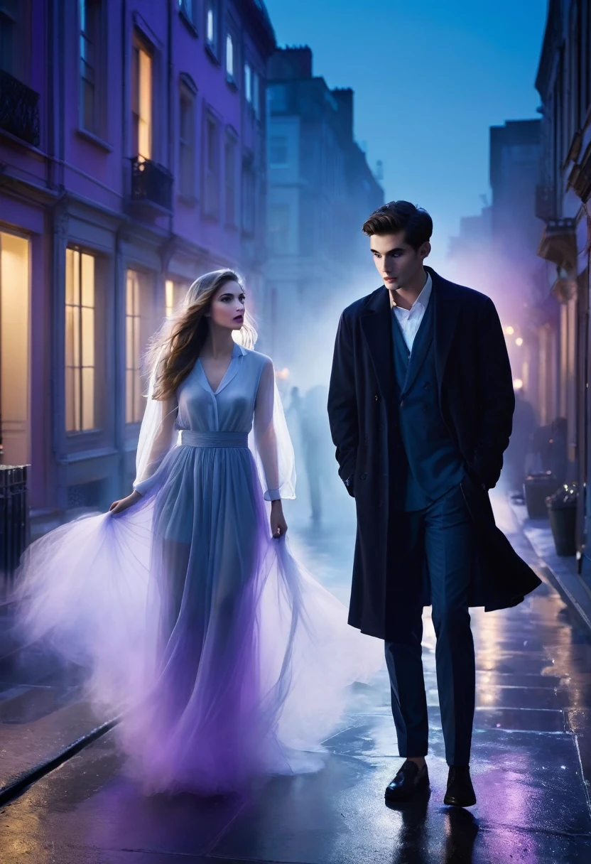 Create a softly blurred cityscape or an atmospheric apartment setting at twilight. Add subtle hints of ethereal light or mist to evoke a sense of mystery and romance. Feature a young woman and a young man prominently. the Young woman should be depicted in a contemporary outfit, looking both intrigued and exasperated. The Young man should appear as a ghost, his image should be semi-transparent (like it is fading) with a playful expression. Surround the man with fading ghost object to make ut mystical Position them to suggest their interaction, with the young woman looking at the young man with a mix of curiosity and frustration. Use a palette of cool blues, soft purples, and silvers to convey the supernatural theme. Add touches of warm gold or red to hint at romance and create visual interest.