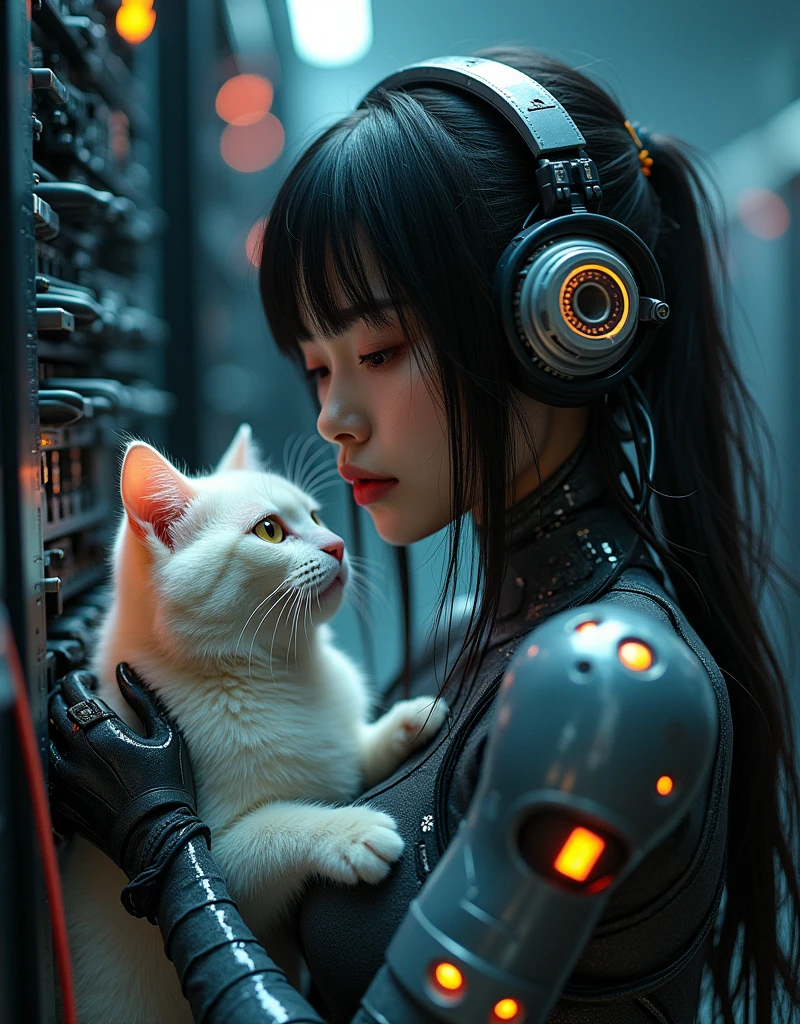 photo-realistic, dramatic scene, cinematic scene, masterpiece, (extremely beautiful Japanese fat girl but cyborg), the strongest army soldier but cyborg of network server engineer, (face focus:1.5), (dynamic angle:1), sitting at the monitoring console at cyber punk server room, a huge amount of cables are connected from her mechanical body with head to the servers, a large amount of complex server cables are in the room, professional light, spot light, (wearing a form fitting cyber punk mecha armored mecha-suits with bright cyber punk LED marker:1.5), She has a cute cat in the server room, petting a cat with gentle smile