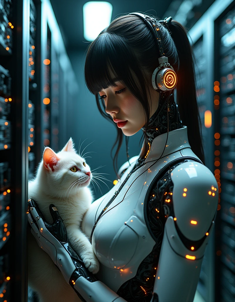 photo-realistic, dramatic scene, cinematic scene, masterpiece, (extremely beautiful Japanese fat girl but cyborg), the strongest army soldier but cyborg of network server engineer, (face focus:1.5), (dynamic angle:1), sitting at the monitoring console at cyber punk server room, a huge amount of cables are connected from her mechanical body with head to the servers, a large amount of complex server cables are in the room, professional light, spot light, (wearing a form fitting cyber punk mecha armored mecha-suits with bright cyber punk LED marker:1.5), She has a cute cat in the server room, petting a cat with gentle smile