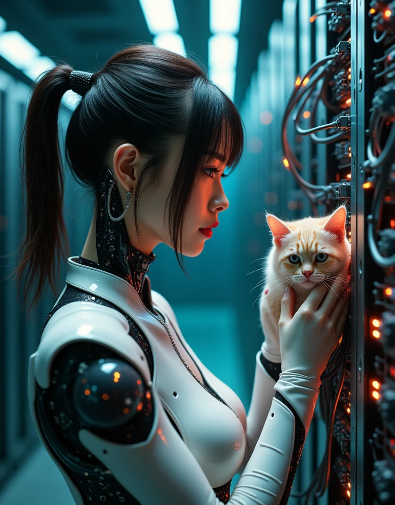 photo-realistic, dramatic scene, cinematic scene, masterpiece, (extremely beautiful Japanese fat girl but cyborg), the strongest army soldier but cyborg of network server engineer, (face focus:1.5), (dynamic angle:1), sitting at the monitoring console at cyber punk server room, a huge amount of cables are connected from her mechanical body with head to the servers, a large amount of complex server cables are in the room, professional light, spot light, (wearing a form fitting cyber punk mecha armored mecha-suits with bright cyber punk LED marker:1.5), She has a cute cat in the server room, petting a cat with gentle smile