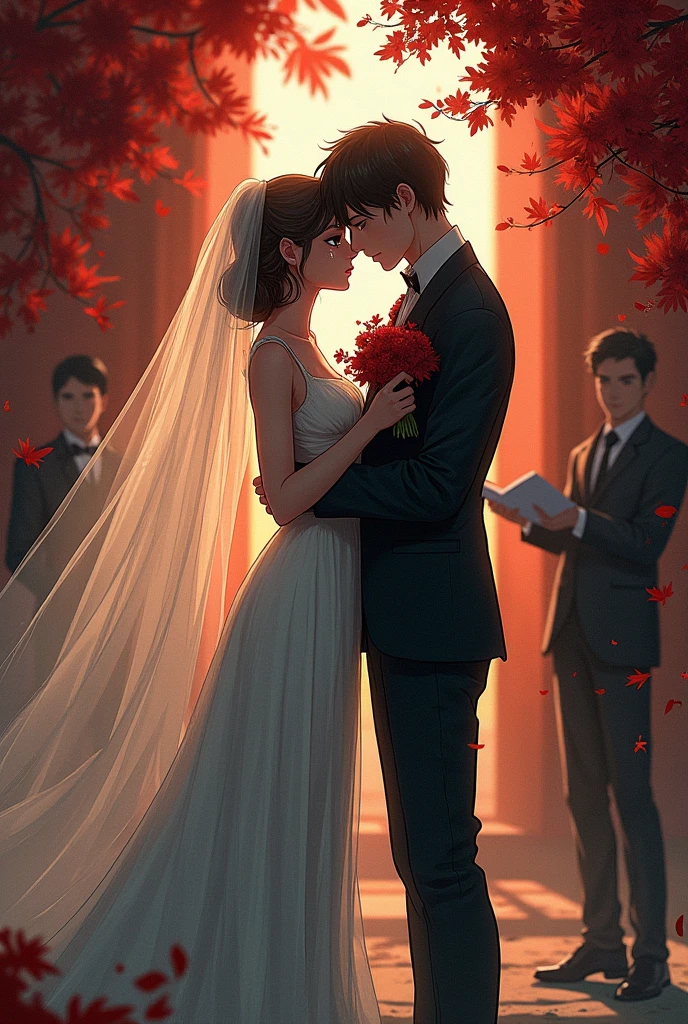 manga style "The moment his eyes met the villain's, the world around him faded away. The sound of wedding music became a distant echo, The hero at his side became a shadow. With each step I took towards the altar, his heart beat faster, not for the man who was waiting for her, but by the one who was in the shadows. With a whisper full of emotion and tears in the eyes, confessed:'It's you I love, It's always been you. sin ti, This day has no meaning. '"