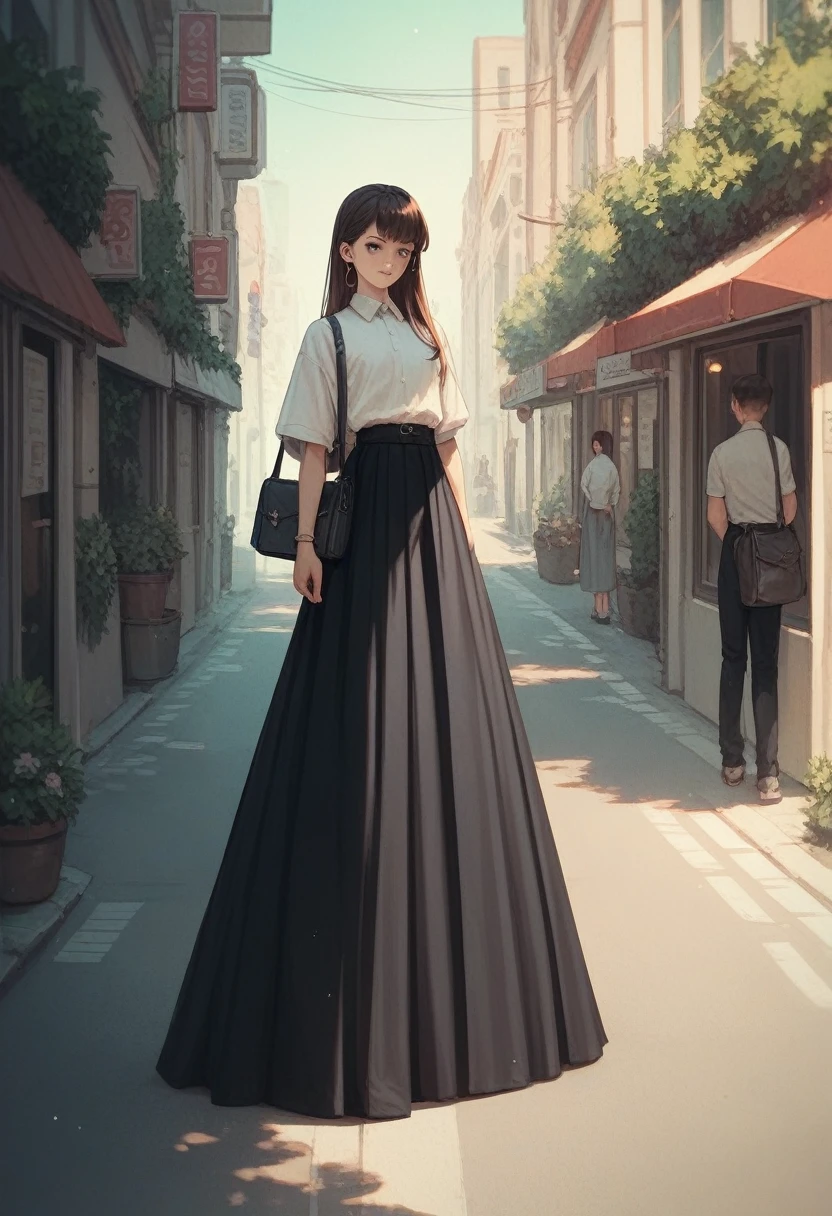 , Wearing a long black skirt , The skirt is very long ,Long dress ,Voluminous skirt,street,Are standing ,anime,whole body