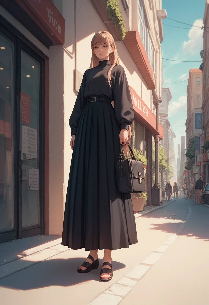 , Wearing a long black skirt , The skirt is very long ,Long dress ,Voluminous skirt,street,Are standing ,anime,whole body