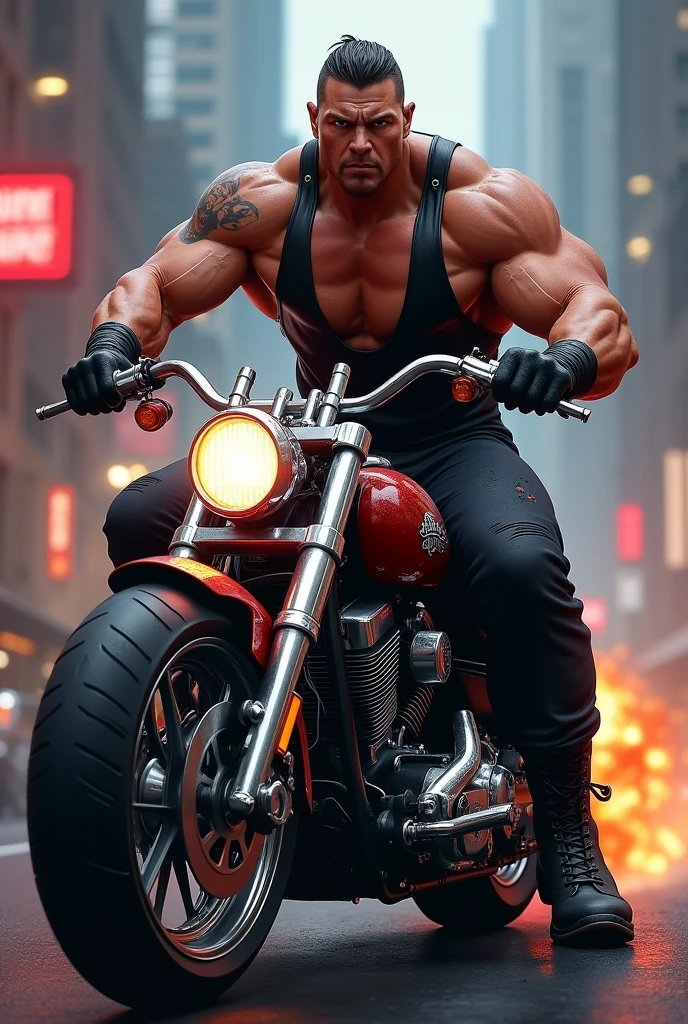 a wrestler riding a motorcycle