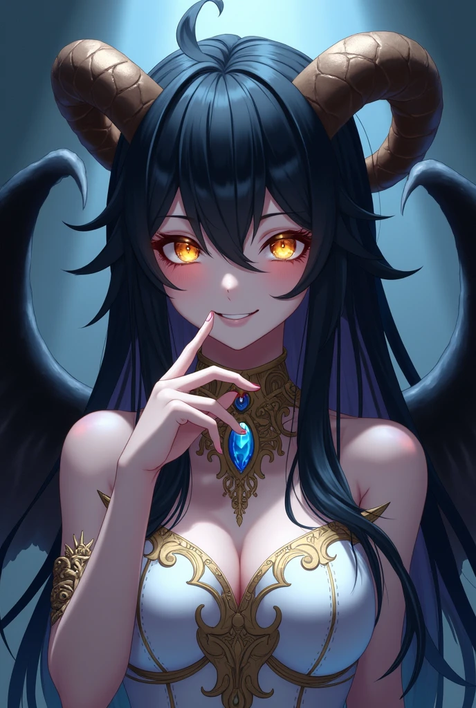 A demonic and seductive looking anime character, with black wings, long dark flowing hair, bright golden eyes, and curved horns like those of a ram. has pale skin, a mischievous smile and a playful and mysterious expression, holding a finger to his lips as if silencing someone. She wears a white dress with intricate detailing and gold accents, along with a blue gem on his chest. The scene is dramatically lit., with soft shadows that enhance her sharp features, as the background fades into darkness, adding an enigmatic and magical touch. The style is a mix of anime fantasy with intricate details, Capturing an intense portrait, close and dynamic