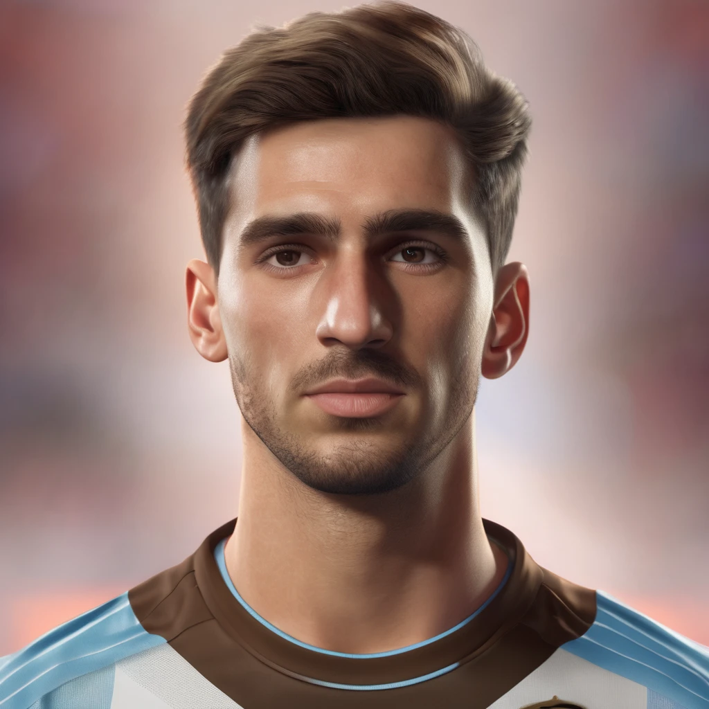 a man, headshot, front view, Argentina nationality, Argentinean, caucasian, soccer player, male soccer player, 20s age, midfielder, Arsenal uniform, brown short hair, detailed face, detailed eyes, detailed nose, detailed lips, hyper realistic, cinematic lighting, 8k, realistic, photorealistic, masterpiece, thick eyebrows