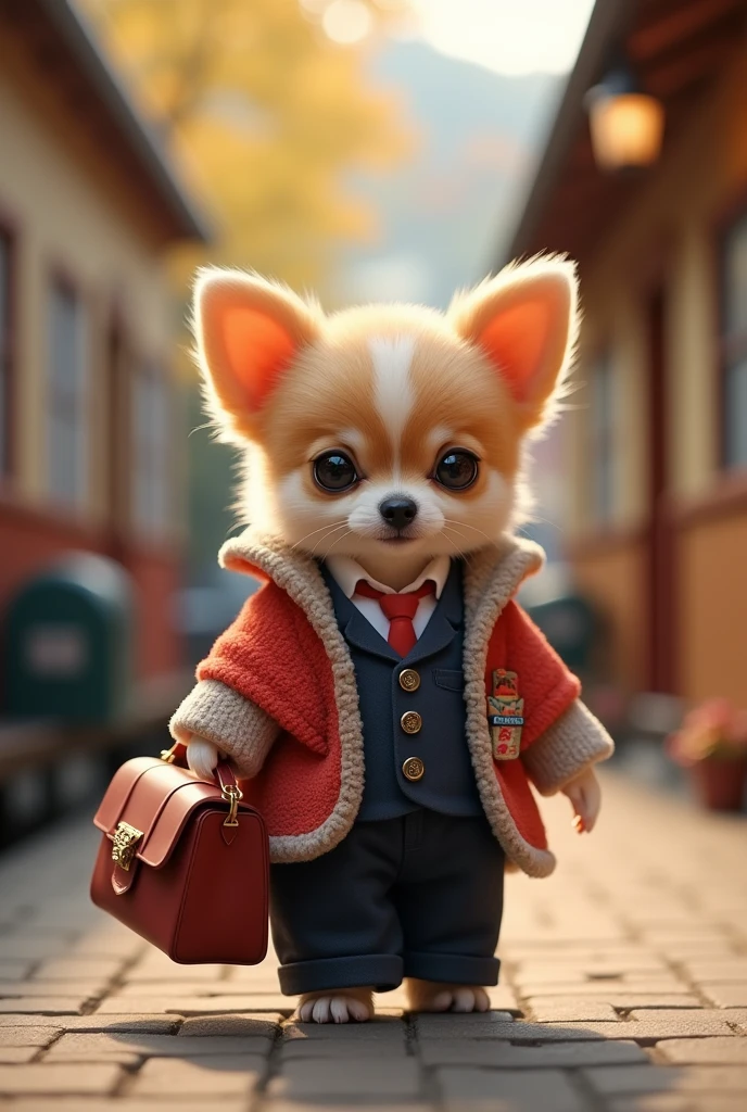 Chihuahua,Are standing,doll,Carrying a small school bag,Japanese style,Tram,Hokkaido,Autumn Station,Wooden house,platform, Cape,Nguyen Gia,suit,tie,Flower cat,Stupid dog,Muscular tomcat, (Delicate face), (High-quality fluffy fur)