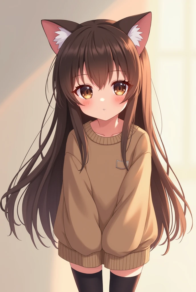 Short, young adult anime cat girl with floor-length, brown hair and large brown eyes. Shy expression and blush on her light-medium skin. Dressed in an oversized sweater that hugs her body, with thigh-high black tights. Short in stature with.