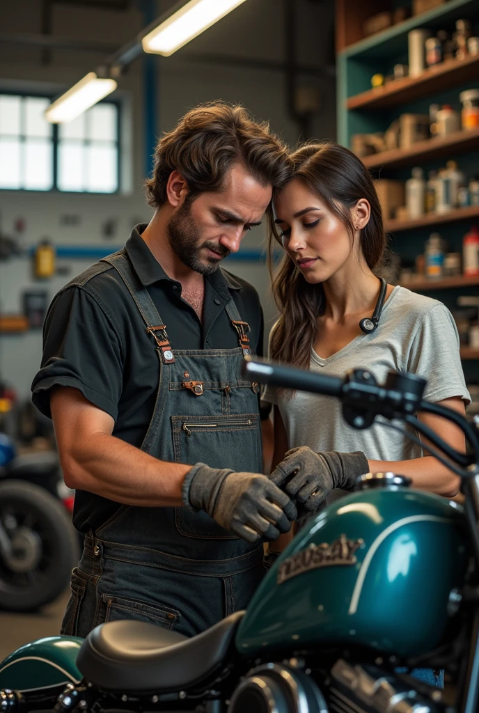 Motorcycle mechanic, tools and his girlfriend