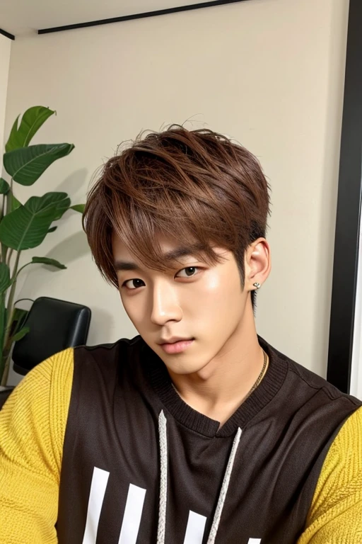 Male kpop idol with light brown hair, age 28 , wears semi bright coloes