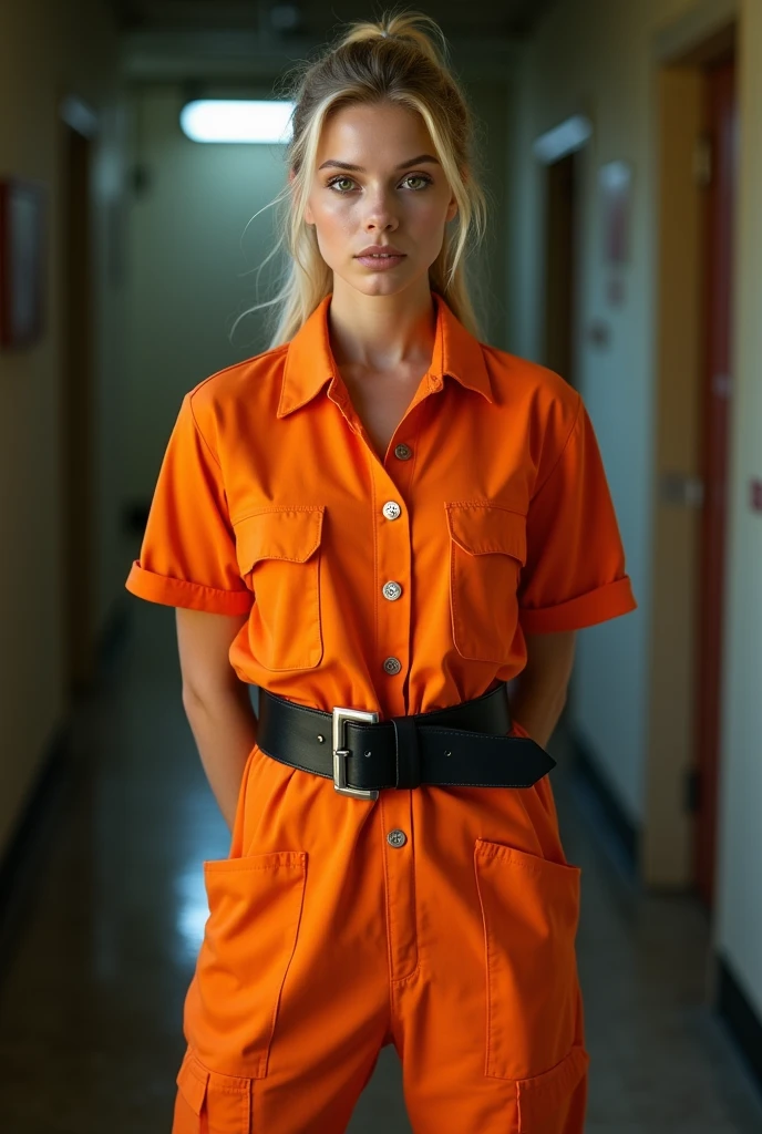 Frontal photograph of a beautiful young model with long a blonde medium length pulled back ponytail hair wearing a sexy synthetic orange prisoner jumpsuit, inmate jumpsuit, button-up, sexy view, handcuffed, hands cuffed to her back, wearing a tight black stylish belt, high black boots, short sleeves, sexy pose, very attractive look, skinny, anorexia, 1, thin and athletic body, (thin girl 1:5), short sleeves, supermodel face and body, brown eyes, long pants, hands at back, elastane synthetic orange prisoner jumpsuit, jumpsuit made of elastic spandex, jumpsuit has 4 visible silver buttons, her belt is made of stylish leather, elastic jumpsuit, jumpsuit is not tight on body, perfect woman, slim, (perfect Hands), (blonde medium straight ponytail hair:1.2), (wasp waist:1.3), big heavy black stylish designer belt of leather, visible breast contours, light blonde hair, a lot of cringles and creases on the jumpsuit, light blonde hair, full body view, tops of her boots visible, sporty ponytail, short sleeves, sexy model pose, she is highlighting her but in her pose, no pockets, looking at viewer like she wants sex, 70's prisoner jumpsuit, 80's orange prison jumpsuit, 90's prisoner jumpsuit, Soviet orange prison jumpsuit, hands handcuffed, handcuffed, handcuffs on her wrists, hands at back, hands cuffed to her back, hands handcuffed to her back, full body view, knees visible, hands tied to her back, hands handcuffed to her back, hands cuffed to her back, sexy pants, pants looking sexy on her legs, sporty style ponytail, picture starting from her knees, jumpsuit made of elastic spandex, very sexy pose, pointing out her ass, belted, long pants, button-up jumpsuit, medium length light blonde loose sleek sporty ponytail, make-upless face, short sleeves