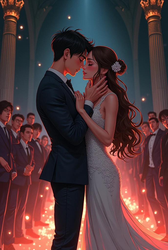 manga style "The moment his eyes met the villain's, the world around him faded away. The sound of wedding music became a distant echo, The hero at his side became a shadow. With each step I took towards the altar, his heart beat faster, not for the man who was waiting for her, but by the one who was in the shadows. With a whisper full of emotion and tears in the eyes, confessed:'It's you I love, It's always been you. sin ti, This day has no meaning. '"
