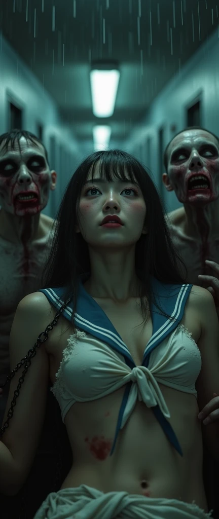 (32K:1.9, Horror expression:1.9, Highest quality, masterpiece, Ultra-high resolution), Professional random camera work, Perfect dynamic composition, Highly detailed skin and facial textures, Detailed eyes, Detailed limbs, (The Darkest Dungeon:1.3), cute, Sexy and slim Japanese woman:1.2, Fair skin, Tilt your head, (5 Zombies:1.7, Zombie touching a woman:2.0, Raindrops falling from the ceiling:1.5), (Burstingly Big Breasts, areola is not visible, Big cleavage, A look of despair:1.3, Expression of despair:1.3, Totally captivates you, Torn pure white sailor uniform:1.5), Beautiful Blue Eyes, Beautiful erotic eyes, Sexy Face, blush, Beautiful sensual atmosphere, ((Bloody:2.0, Covered in bruises:2.0, Bruises on the face:2.0, Lots of big chains:1.9, Crucified:1.9, Countless chains tangled in clothes:1.9, His right arm is attached to a cross:1.9, The left arm is attached to a cross:1.9, Both hands are chained、Tied tightly to the cross, The right leg is bound with a shackle and chain:1.9, The left leg is bound with a shackle and chain:1.9)), (Too erotic)