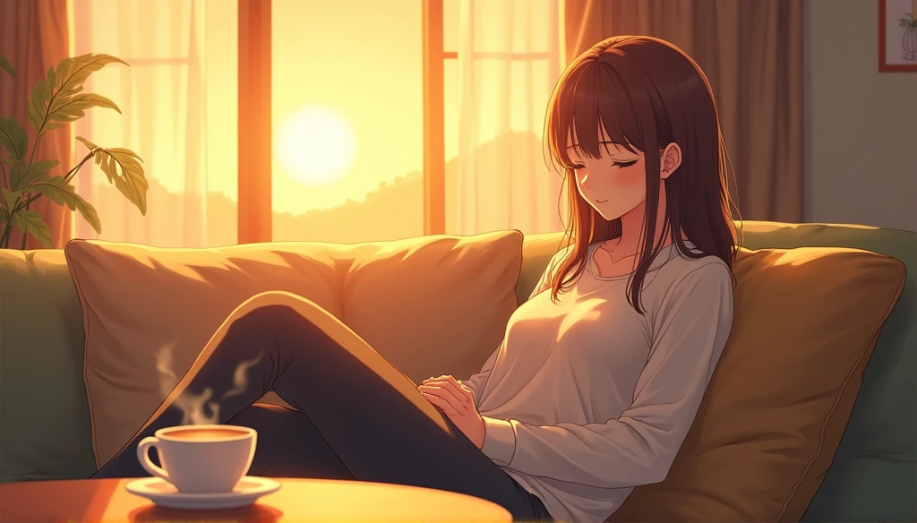 Brown-haired woman relaxing on the sofa,Coffee cup on the table,The sunset can be seen from the window,Ghibli-style anime scene