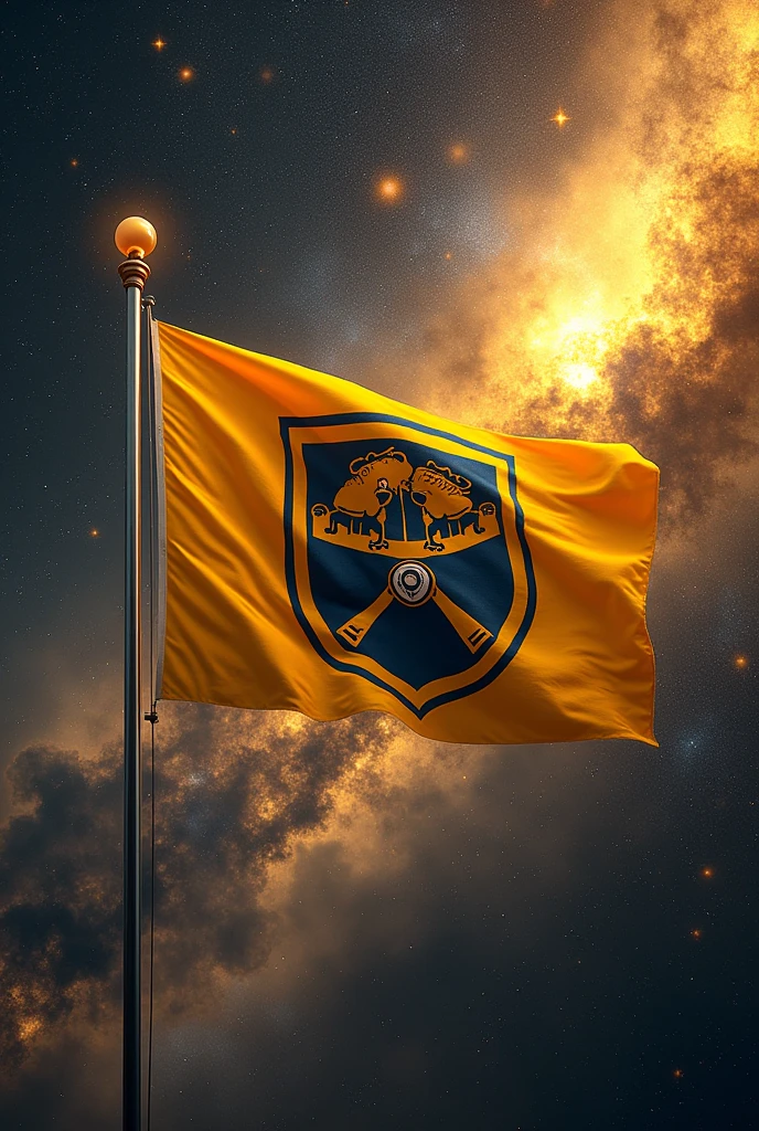 high détail, super detaill, super high resolution, a flag for a university team in the galaxy, surrounded by stars, warm sprinkled light, the background is a starry sky with yellow galaxies and yellow and black galactic clouds, stars flying around you