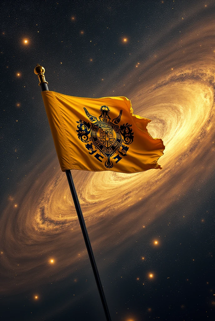 high détail, super detaill, super high resolution, a flag for a university team in the galaxy, surrounded by stars, warm sprinkled light, the background is a starry sky with yellow galaxies and yellow and black galactic clouds, stars flying around you