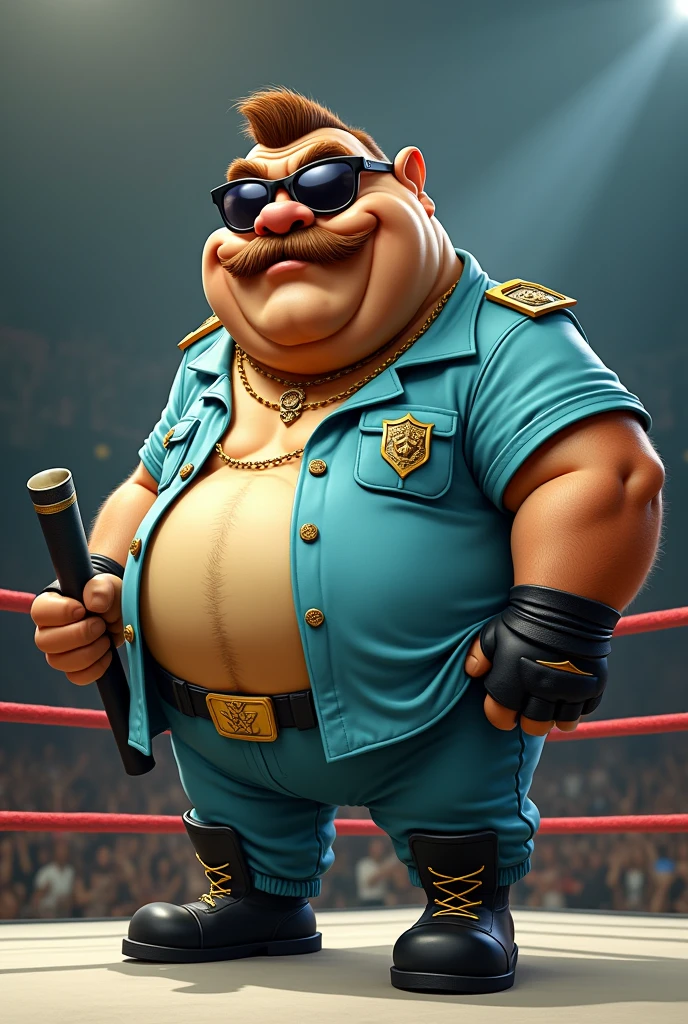 Fat Cartoon Bigmouth Bass fish, dressed like WWE wrestler Big Boss Man
Fat Cartoon Bigmouth Bass fish body. Cartoon Bigmouth Bass fish head. Cartoon Bigmouth Bass fish arms. Cartoon fish hands.
Gold glasses with black shades.
Short brown mustache and beard.
Light blue buttoned up prison guard shirt with black pockets. Gold badge on chest Blue pants. Black wrestling boots. Black gloves. Carrying a black nightstick
Standing in a wrestling ring.