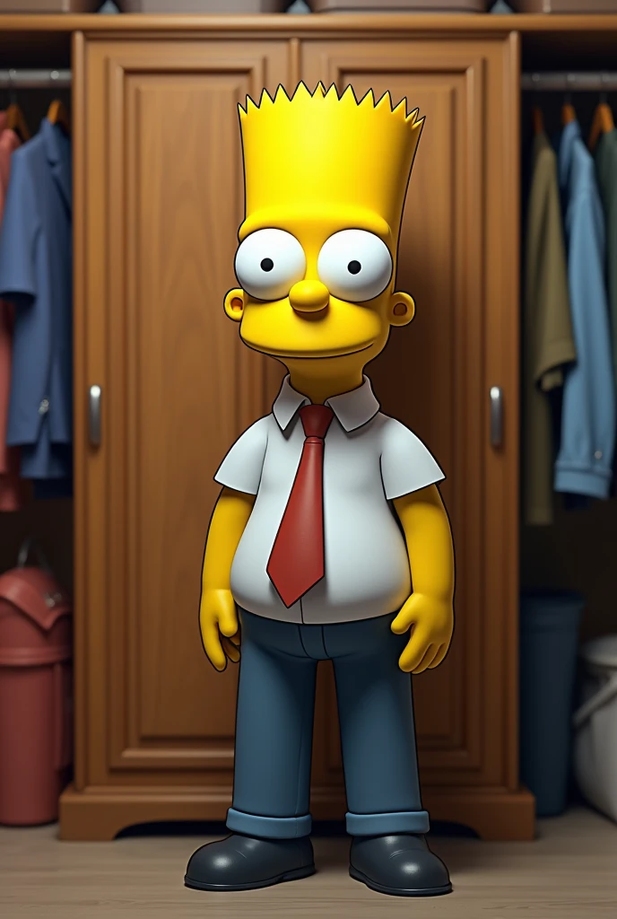 Bart simpson réaliste habille en vendeur positionner devant un dressing
