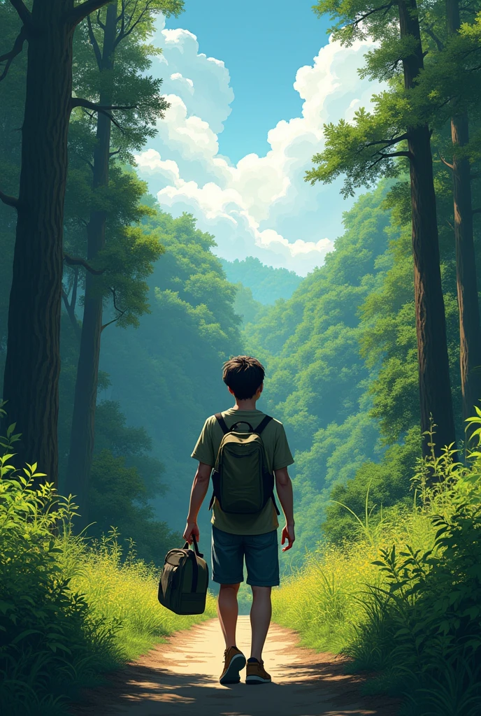 A young man He is going towards the forest and looking at the sky, he has a bag in his hand ( insta dp), realistic