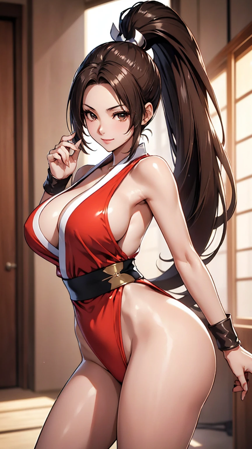 Model Pose, School Swimsuit、((8k)), ((32K)), ((Highest quality)), ((masterpiece)), ((Ultra-high resolution)), ((Tmasterpiece))、((8k)), ((32K)), ((Highest quality)), ((masterpiece)), ((Ultra-high resolution)), Fine skin、女性1 person、((mai shiranui:1.2)), Expose your shoulders、Brown Hair, Brown eyes, Long and high ponytail, hair band,  1 person、Captivating smile, 2, Japanese Mature, Beautiful fingers, Beautiful long legs, Beautiful body, Beautiful Nose, Beautiful character design, Perfect Eyes, Perfect Face, hair ornaments, 適切な体のProfessionalポーション,Professionalの照明,Realistic Shadows, (Big Breasts:1.2) ,  High quality fabric, High quality metallic texture、((Beautiful and dense face))、RAW Photos、Professional, Ultra-fine painting, ((alone)), Beautiful breasts、,Concept Art, Anime fantasy artwork, Slim legs, red cheek, cowboy shot, Indoor poolside、