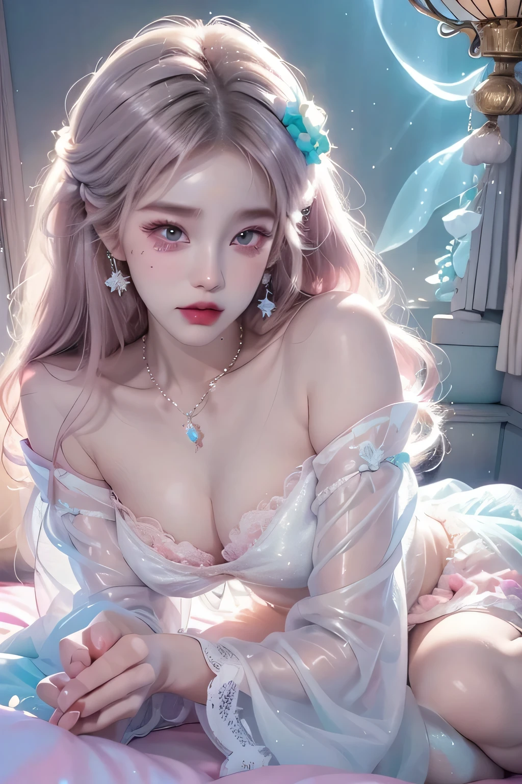 Transparent lace pajamas,Japanese cute woman、barbie dream bed,Lying in bed、(Fluorescent Color:1.4)、(translucent:1.4)、(Retro filter:1.4)、(fantasy:1.4)、Candy world Disney fantasy fluffy soft scenery forest snow avatar pink sky green blue glow dreamy lights soft soft glow rainbow stars diamond glitter gem background surreal ultra hd movie lighting huge details full hd full light、