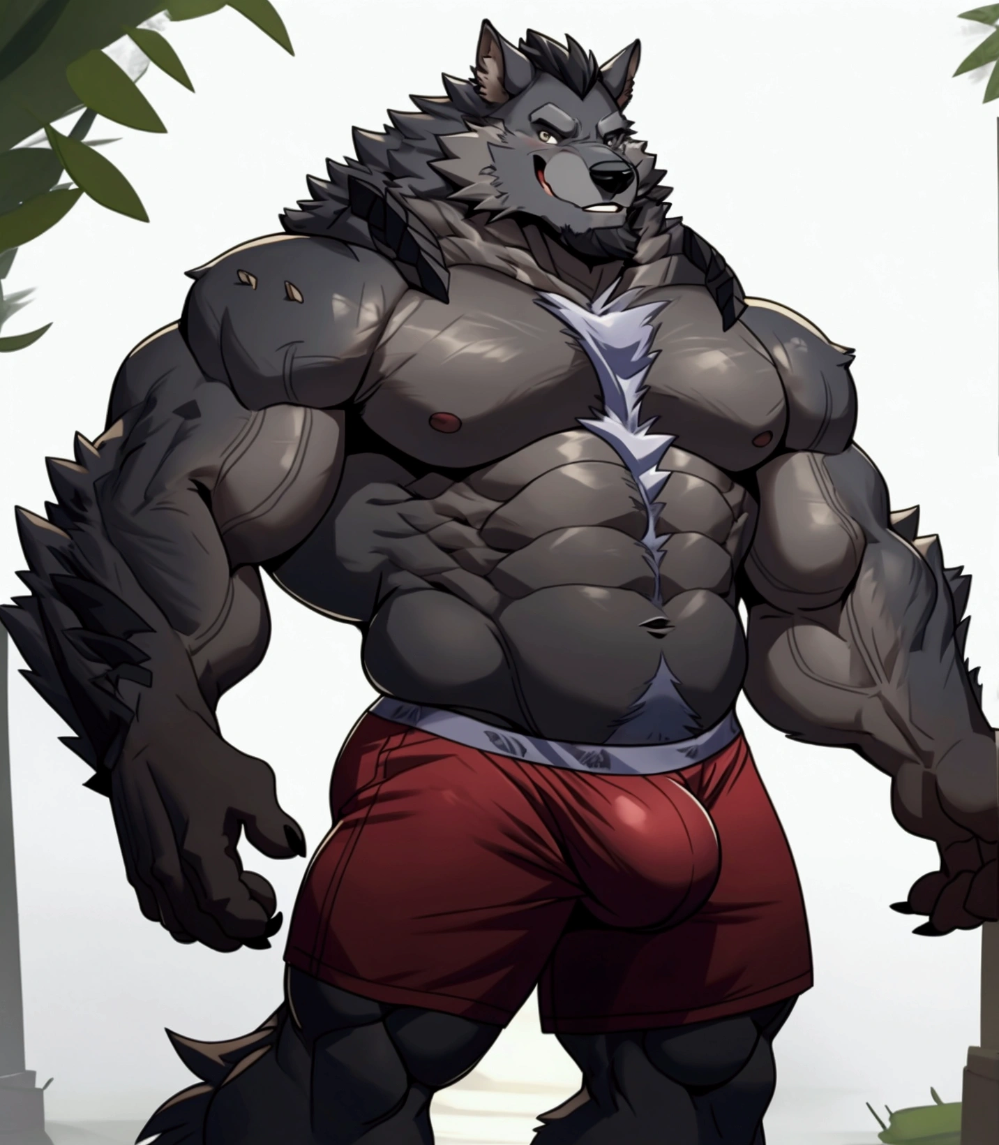 solo, male, werewolf, ((mature and older werewolf with muscular and bulky, burly build)), canine, facial hair covering a black beard, chest and stomach hair, smiling with happiness, grey fur covering his fluffy body and fluffy legs, looking directly at the viewer, facing viewer, wearing only tight boxers, big bulge proudly on display, arms on hips. This solo male werewolf exudes maturity and power with his muscular build and burly stature. The grey fur covering his body.