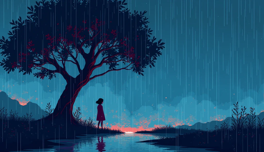 pixel art dot painting scenery chill lofi 90s girl sheltering from the rain under a tree rain
