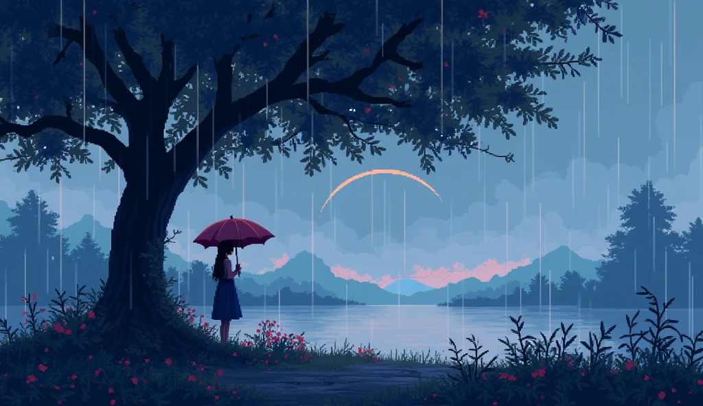 pixel art dot painting scenery chill lofi 90s girl sheltering from the rain under a tree rain