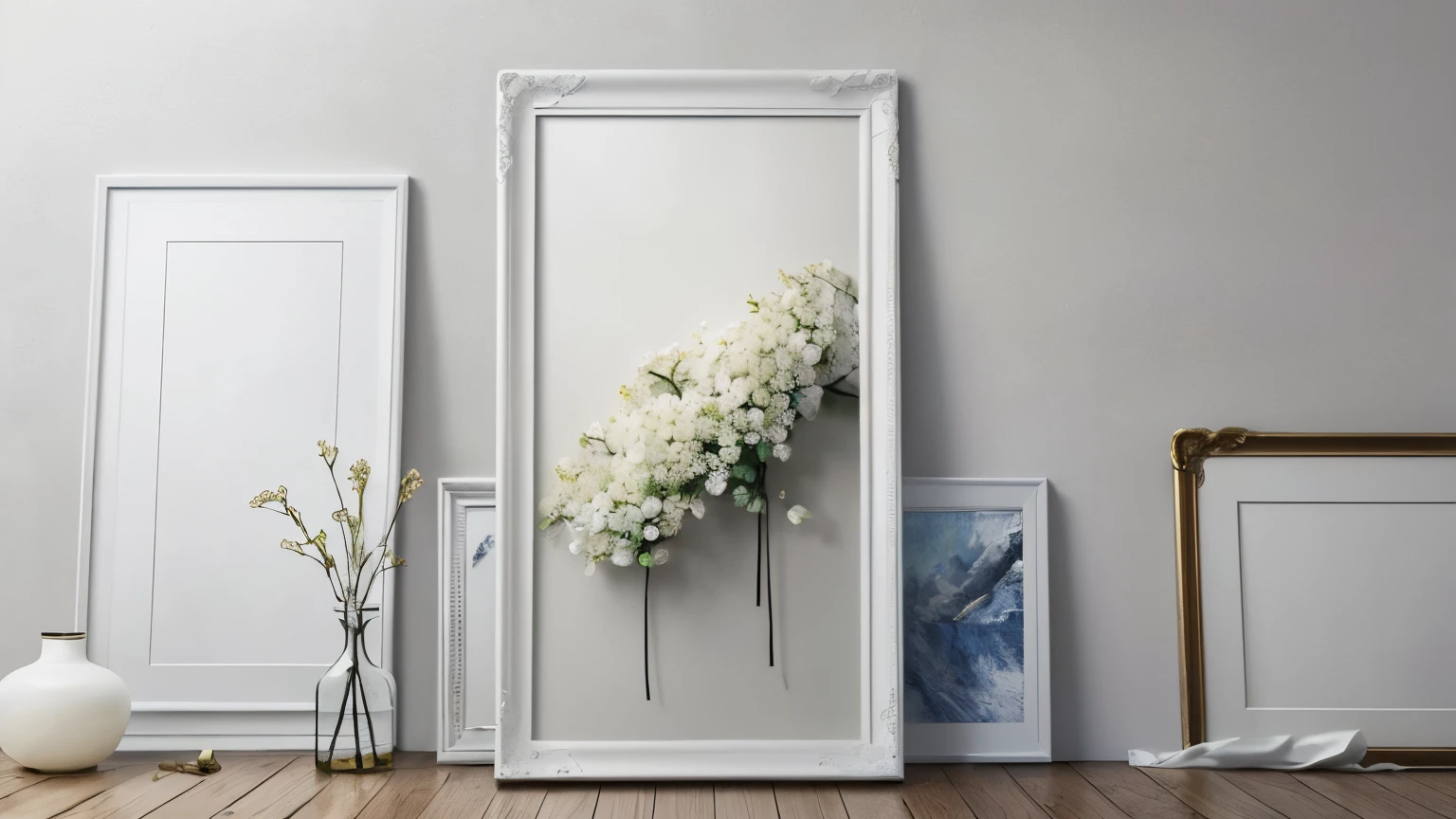 ((best quality)), ((masterpiece)), (detailed), image of mockup for painting, just make it very clean, designed for painting, the mockup can be white in the inside, the decoration flower beside the mockup frame