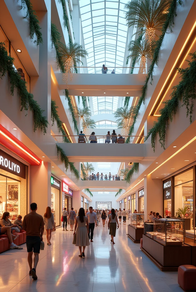 Show various stores, escalators, seating areas, and decorations. Incorporate lighting and signage for different shops