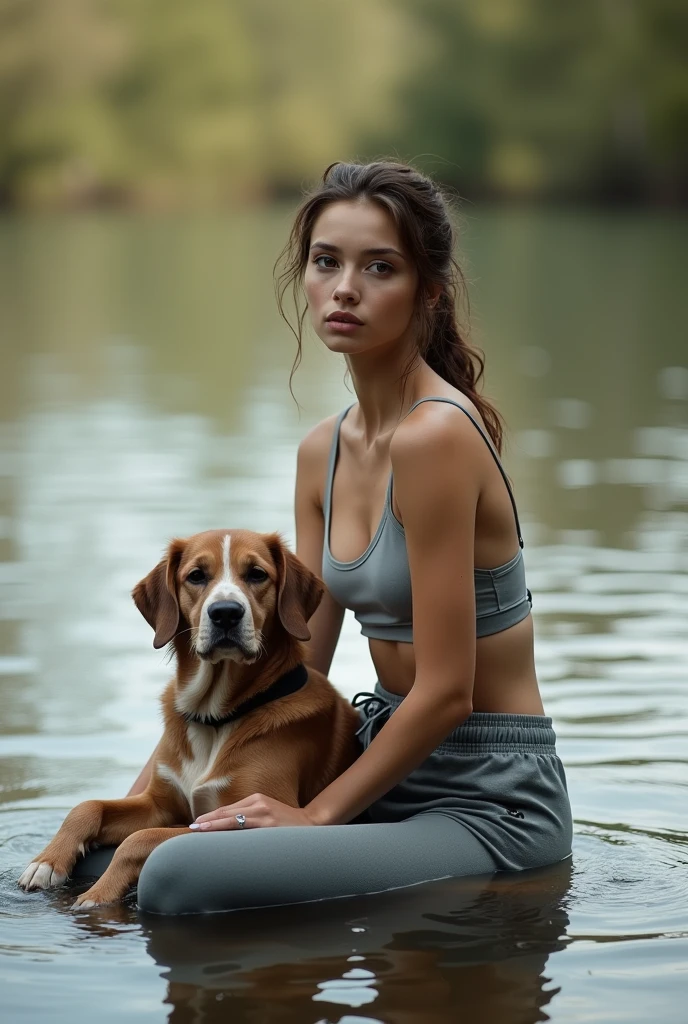 young woman, European, model, thin, jogginghose, crop top, sits there with your dog, photoshoot in the water