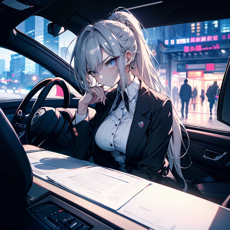 1 person、Mature、Ample breasts、Long Hair、ponytail、Silver blonde hair、suit、Ruby Earrings、Receptionist、Inside the car、profile、Holding your smartphone in your right hand、call、Serious face、Angry、Sharp Eyes、Through the window、Downtown、Night view、effect、Highest quality