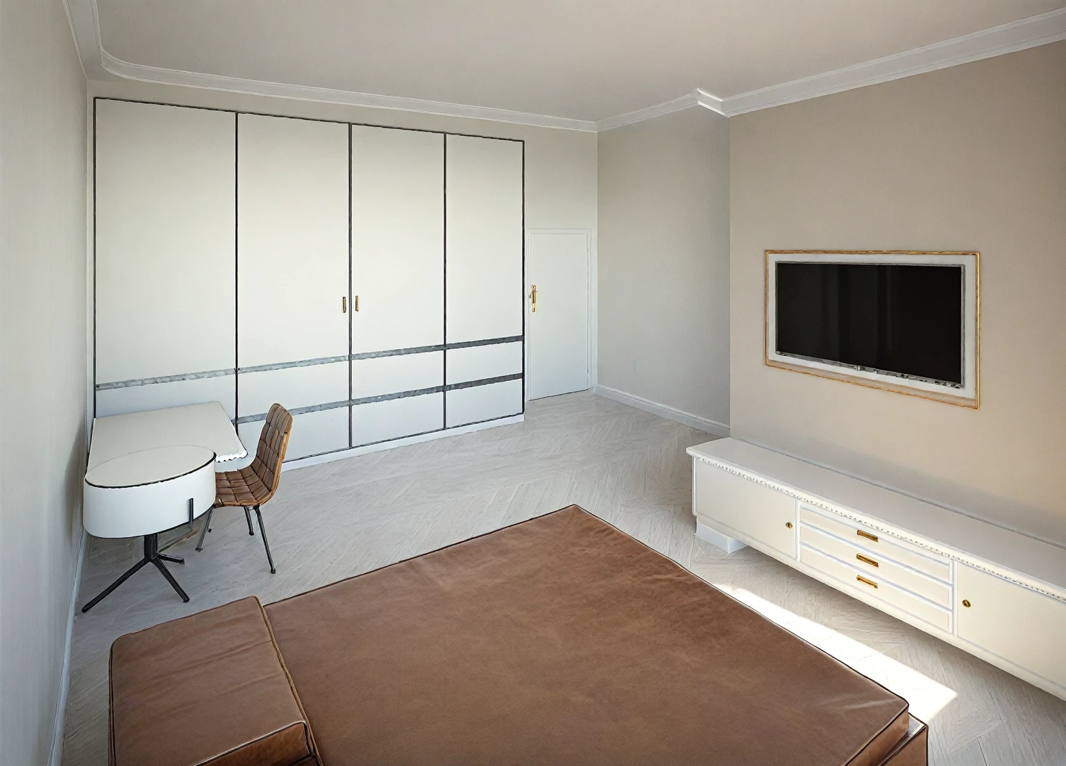 RAW photo, masterpiece, a view of a ( bedROOM :1.3) with a couch, chairs, and a chandelier, highly detailed interior, neo - classical style, neoclassical style, neoclassicism style, interior architect architectural visualization, neoclassical style, in style of classicism, white light sun, rendered in vray, rendered in v-ray, rendered in unreal engine 3d, (photorealistic:1.2), (photorealistic:1.5), best quality, ultra high res, architechture, (leather sofa detail:1.5), neoclassic house, (detailed railing neoclassic:1.5), luxury neoclassical villa, (mable floor details:1.5), (detailed neoclassical carpet:1.5), in the style of neoclassical scene, glass windows, best quality, (Intricate lines:1.5), ((Photorealism:1.5)),(((hyper detail:1.5))), archdaily, award winning design, (dynamic light:1.3), (day light: 1.3) , (perfect light:1.3), (shimering light :1.4), refection glass windows, (curved line architecture arch:1.2), photorealistic, FKAA, TXAA, RTX, SSAO, Post Processing, Post-Production, CGI, VFX, SFX, Full color,((Unreal Engine 5)), Canon EOS R5 Camera + Lens RF 45MP full-frame CMOS sensor, HDR, Realistic, Cinematic intricate detail, extreme detail, science, hyper-detail, FKAA, super detail, super realistic, crazy detail, intricate detail, nice color grading, reflected light on glass, eye-catching wall lights, unreal engine 5, octane render, cinematic, trending on artstation, High-fidelity, vivid, Crisp, Sharp, Bright, Stunning, ((Lifelike)), Natural, ((Eye-catching)), Illuminating, Flawless, High-quality,Sharp edge rendering, medium soft lighting, photographic render, detailed archviz, ((( WHITE Tone : 3 ))), ((( bright white ceiling : 1.5 ))), PENDANT LIGHT
