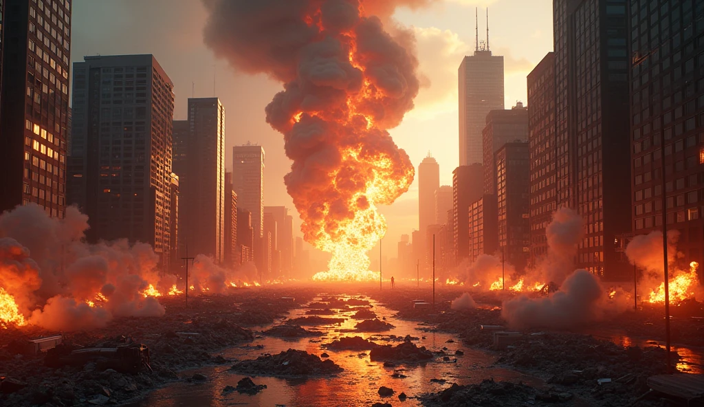 A massive explosion engulfs a modern city, with towering skyscrapers in the background. Fire and smoke billow into the sky, debris scattered across the streets. Cars are overturned, and the force of the blast has shattered windows in nearby buildings. The scene is chaotic, with intense orange and red flames illuminating the area. Dark clouds of smoke rise high above the city, casting a shadow over the urban landscape. The explosion occurs at dusk, with the fading sunlight adding an eerie glow to the destruction.