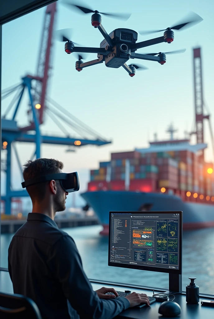 A photo of a drone with a camera flying up a vessel. Beside the drone, the vessel is transferring data from a sensor to a command center at a seaport. In the bottom of the picture, the command center has a large monitor and a supervisor is using VR technology to control the drone, a container crane, and a truck container. drone flying up to the top of truck container. realistic. smart technology seaport