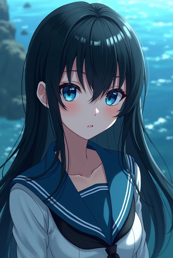Black haired elf ocean eye with student uniform anime style
Grey skin