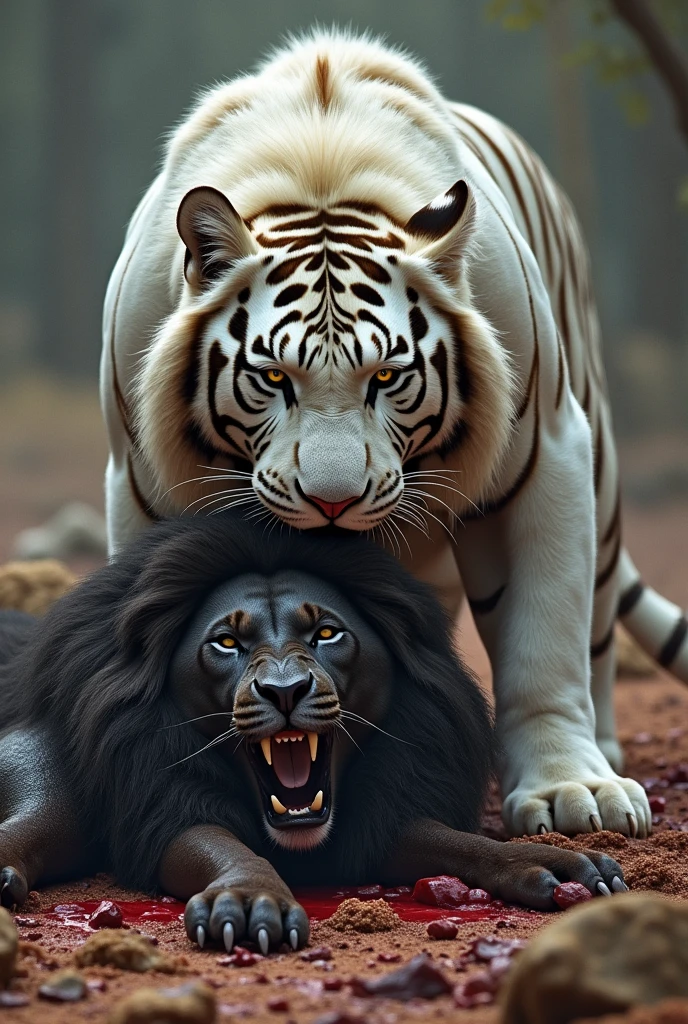 A white tiger fight the black lion the lion was defeated both the lion and tiger are bleeding very seriously the white tiger was in aggression lion dead