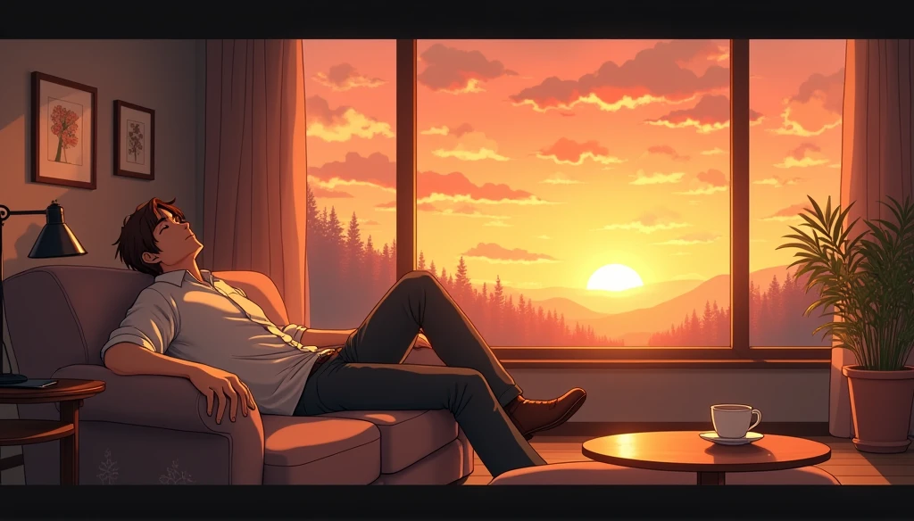 Brown-haired man relaxing on a sofa,Coffee cup on the table,The sunset can be seen from the window,Ghibli-style anime scene