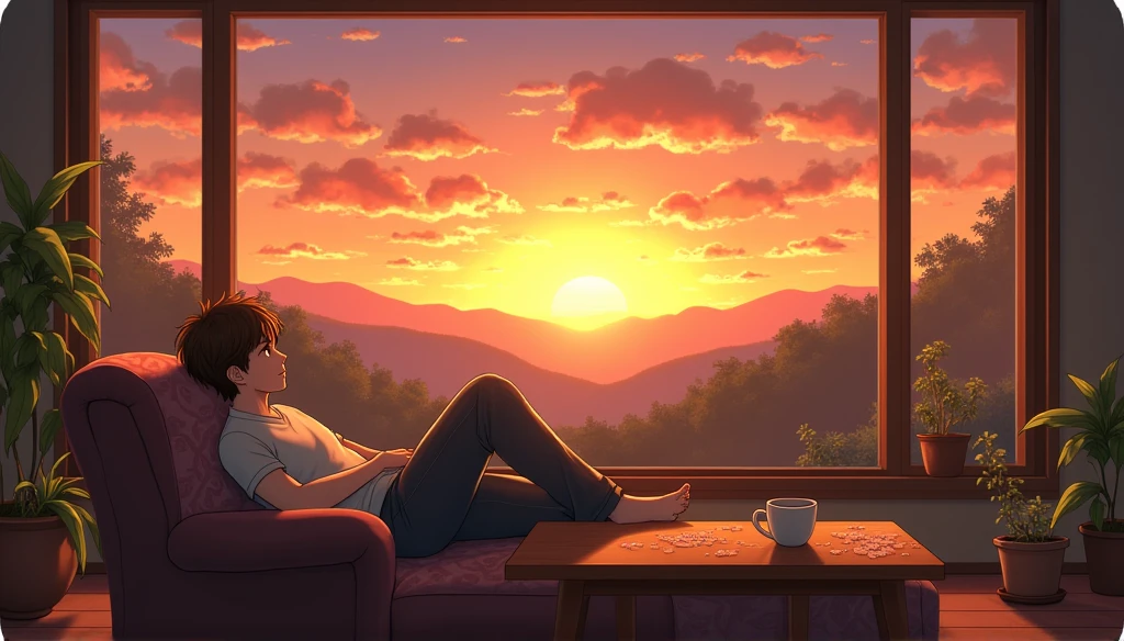 Brown-haired man relaxing on a sofa,Coffee cup on the table,The sunset can be seen from the window,Ghibli-style anime scene