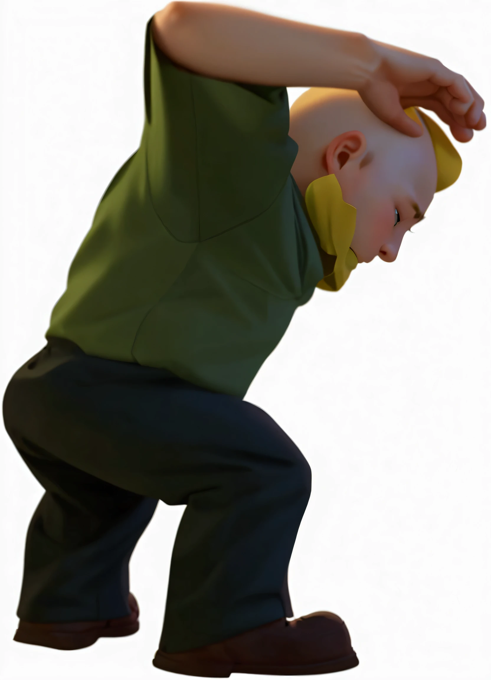 Cartoon man in green shirt bending over and raising his hands,Bow your head,Look at the ground,The head is tilted downwards,, Tilt head slightly, The head is tilted downwards, Villain Stance, Cartoon Character, Bow your head, Fighting Stance,ue5 render,Cartoon Style,Real Light and Shadow,Detailed clothing folds